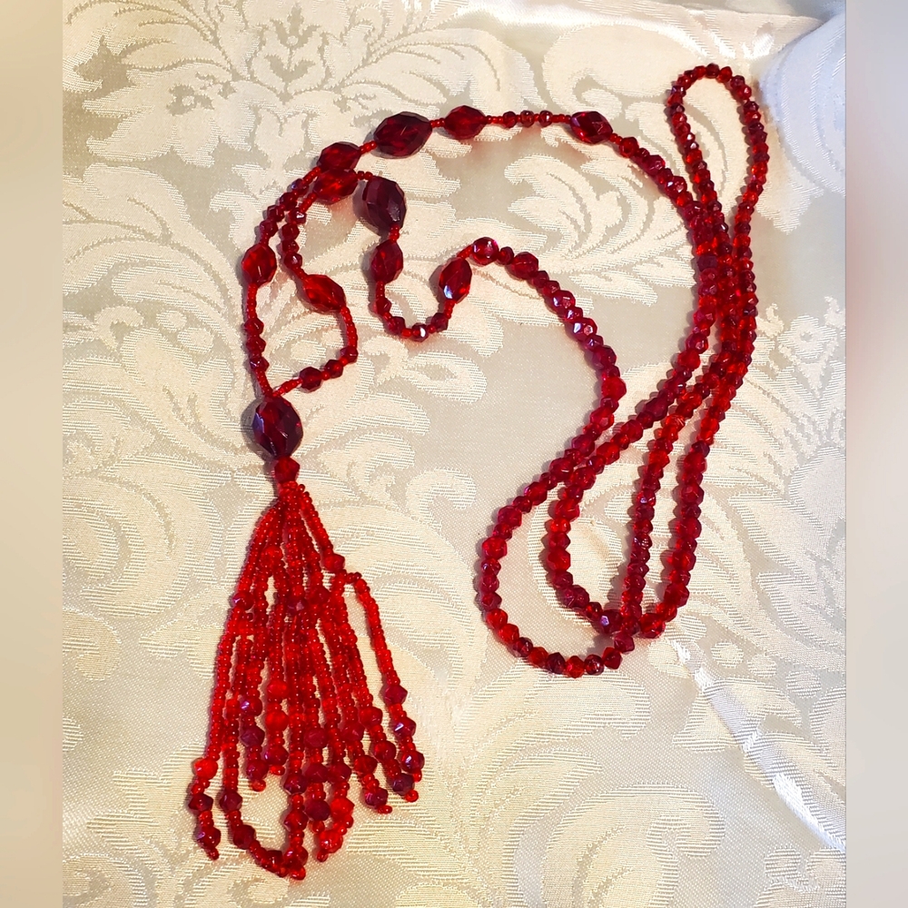 Antique 1920's Flapper Ruby Red Czech Crystals Ne… - image 2